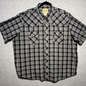 Wrangler Western Shirt Mens 2XL Black White Plaid Pearl Snap Short Sleeve
